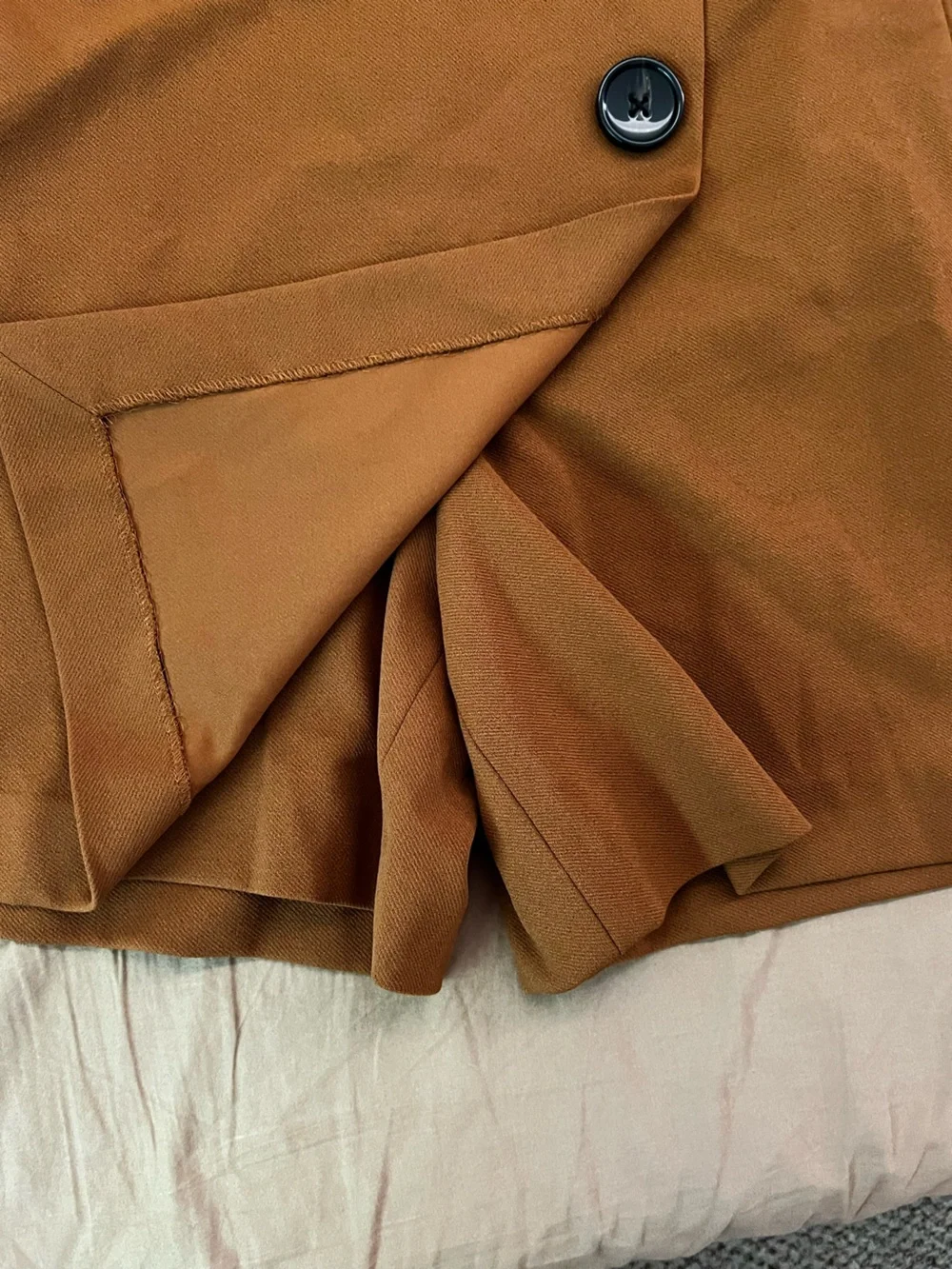 Bar III Chestnut Wrap-Front Mini Skort with Black Buttons